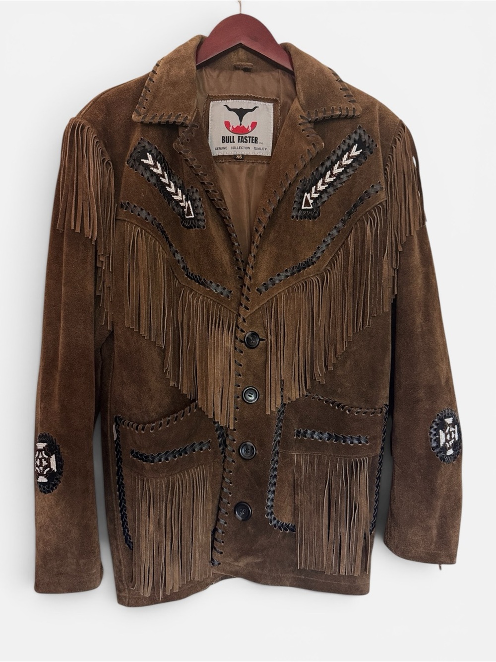 VTG Bull Faster Suede Fringe Jacket Men XS Western Cowboy Beaded Leather Coat